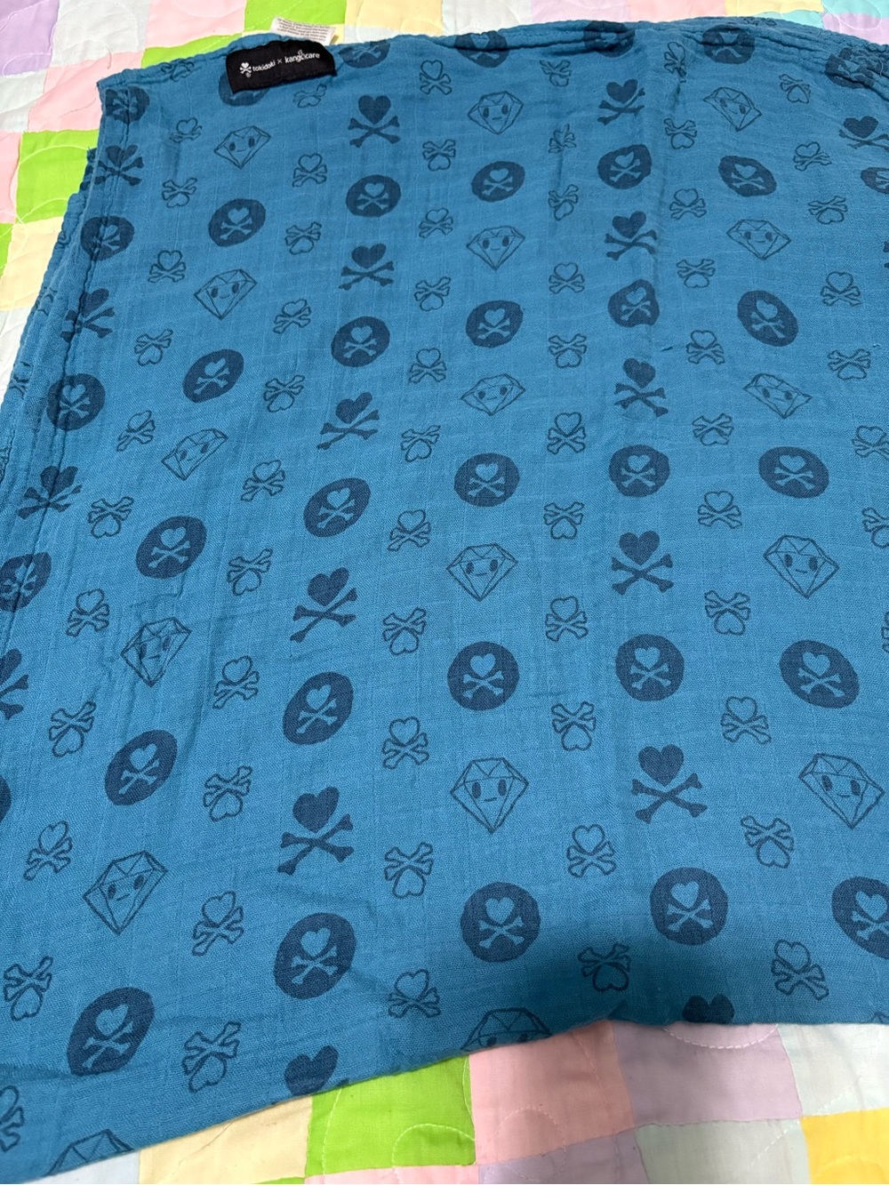 tokidoki Teal Blue Skull & Diamond Pattern Muslin swaddle